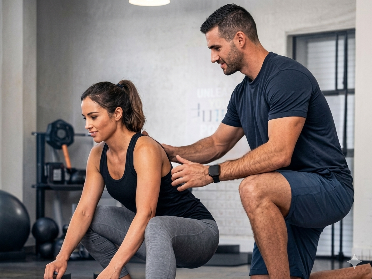 Coach guiding a client through an in-person movement session